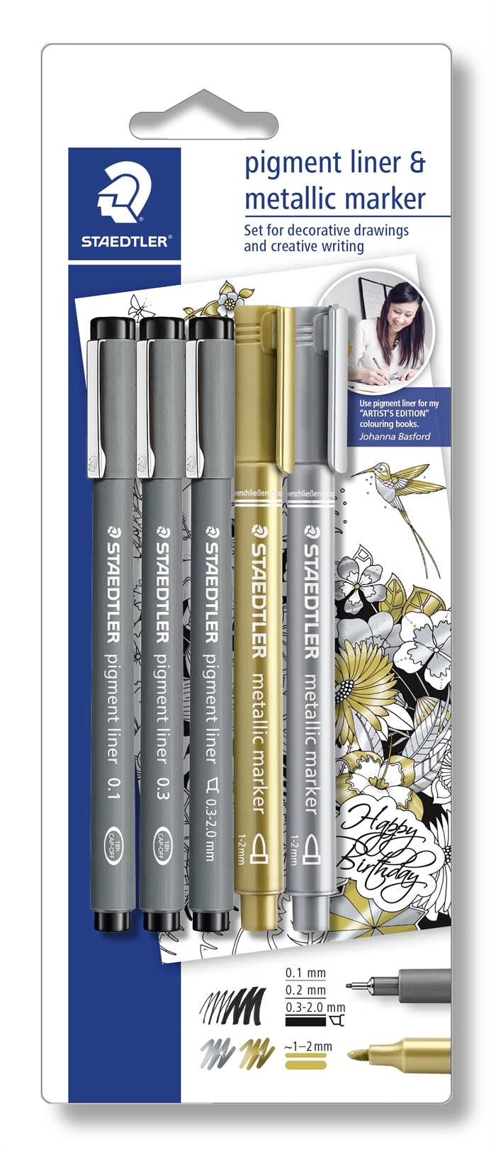 Staedtler Fineliner pigment liner sort + sølv og guld (3+2)