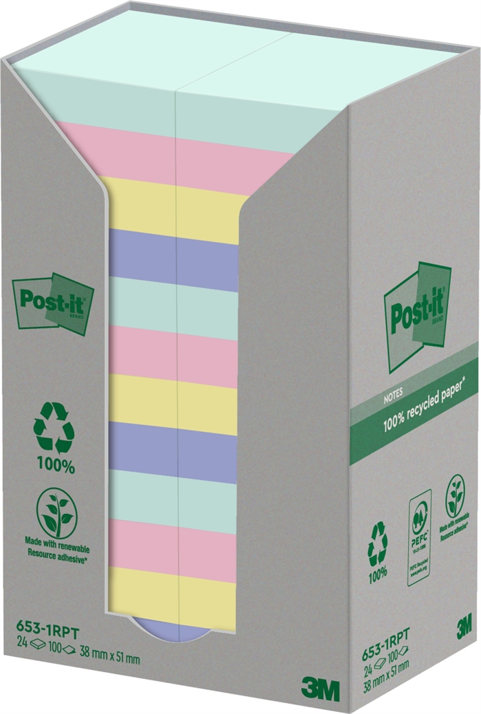 3M Post-it Recycled mix colors 38 x 51 mm, 100 ark - 24 pack