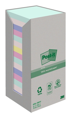 3M Post-it Recycled mix colors 76 x 76 mm, 100 ark - 16 pack