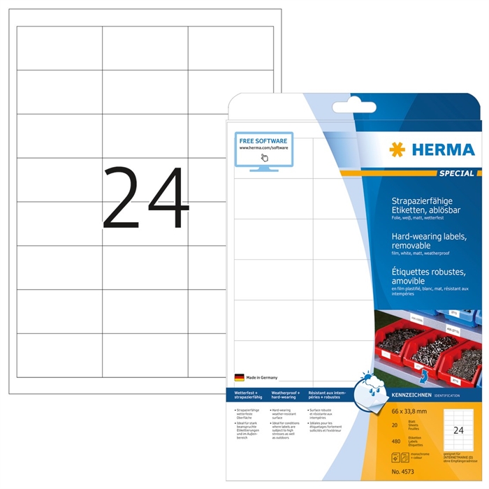 HERMA etiket aftagelig vandafvisende 66 x 33,8 mm, 480 stk. 