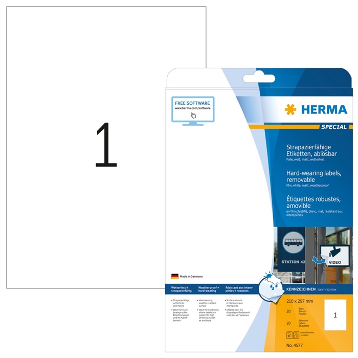 HERMA etiket aftagelig vandafvisende 210 x 297 mm, 20 stk. 