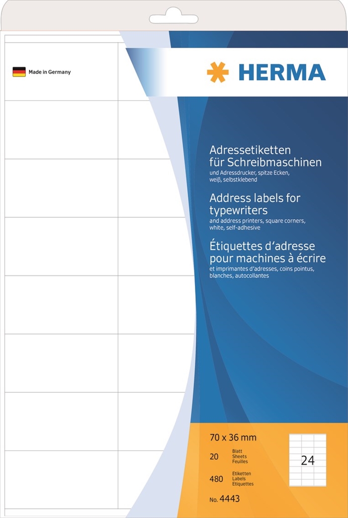 HERMA adresse etiket t/skrivemaskine 70 x 36 mm, 480 stk. 